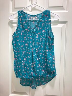 Grayson Threads Teal Floral Faux Wrap Front Sleeveless Blouse Women's Size Small